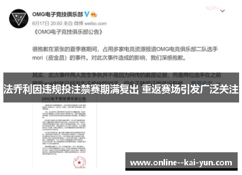 法乔利因违规投注禁赛期满复出 重返赛场引发广泛关注 法乔利因违规投注禁赛期满复出 重返赛场引发广泛关注